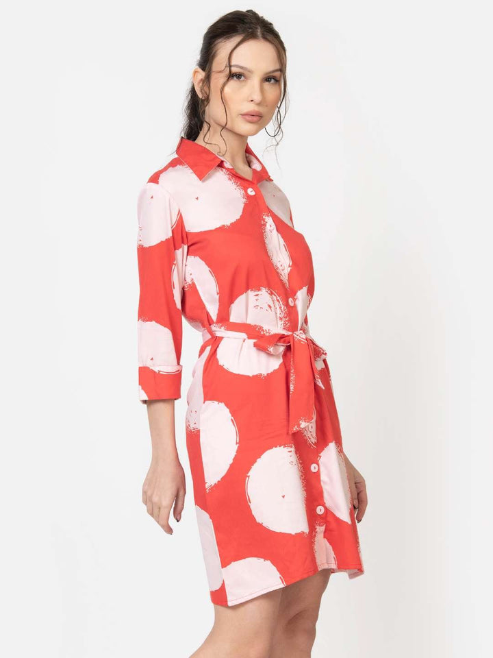 Red Polka Dot Cotton Modal Shirt Mini Dress