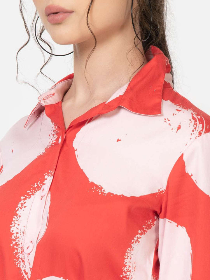 Red Polka Dot Cotton Modal Shirt Mini Dress