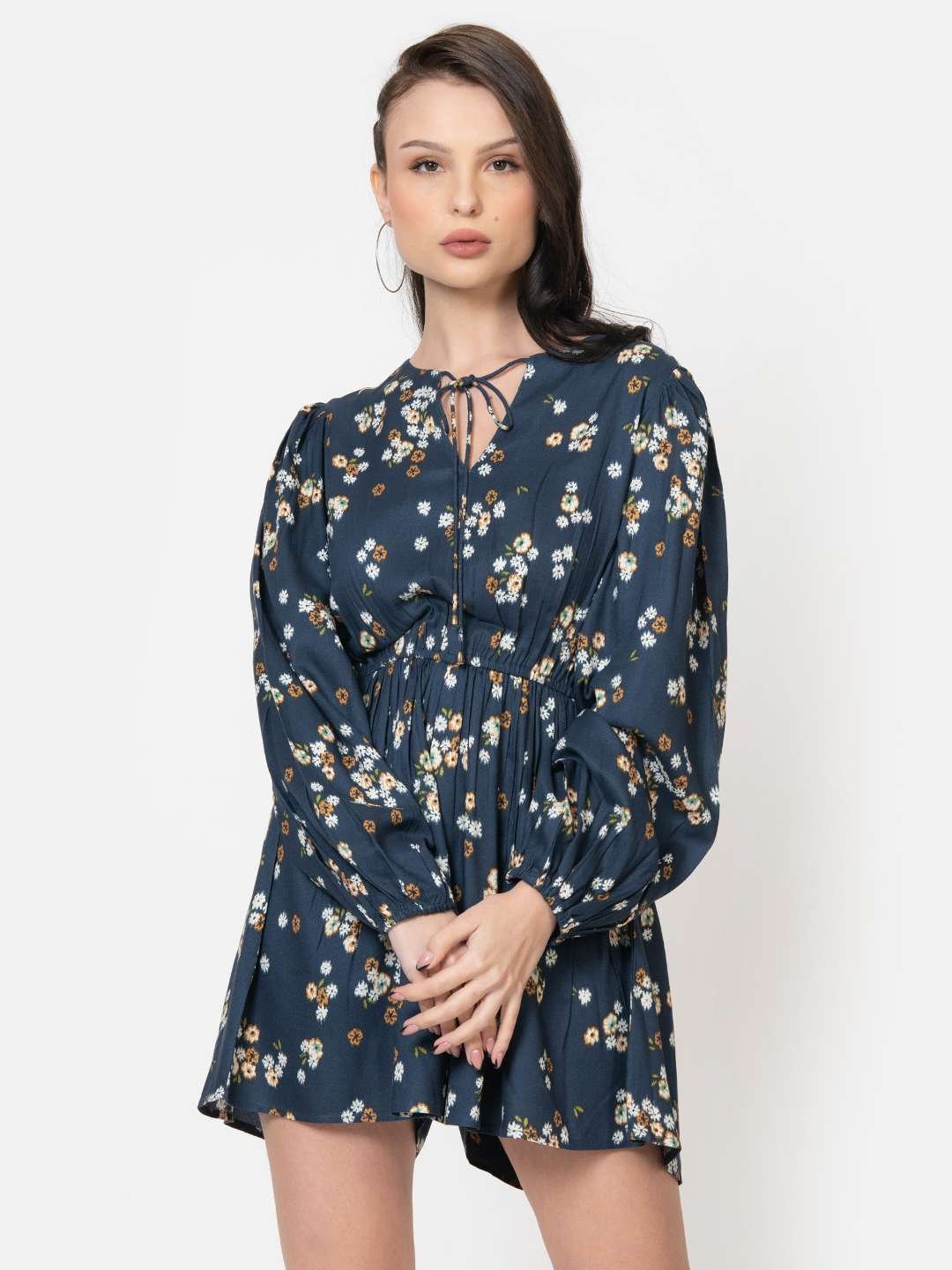 Prussian Blue Crepe Floral Print Playsuit Front