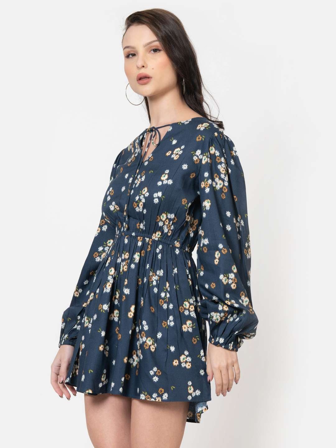 Prussian Blue Crepe Floral Print Playsuit Side1