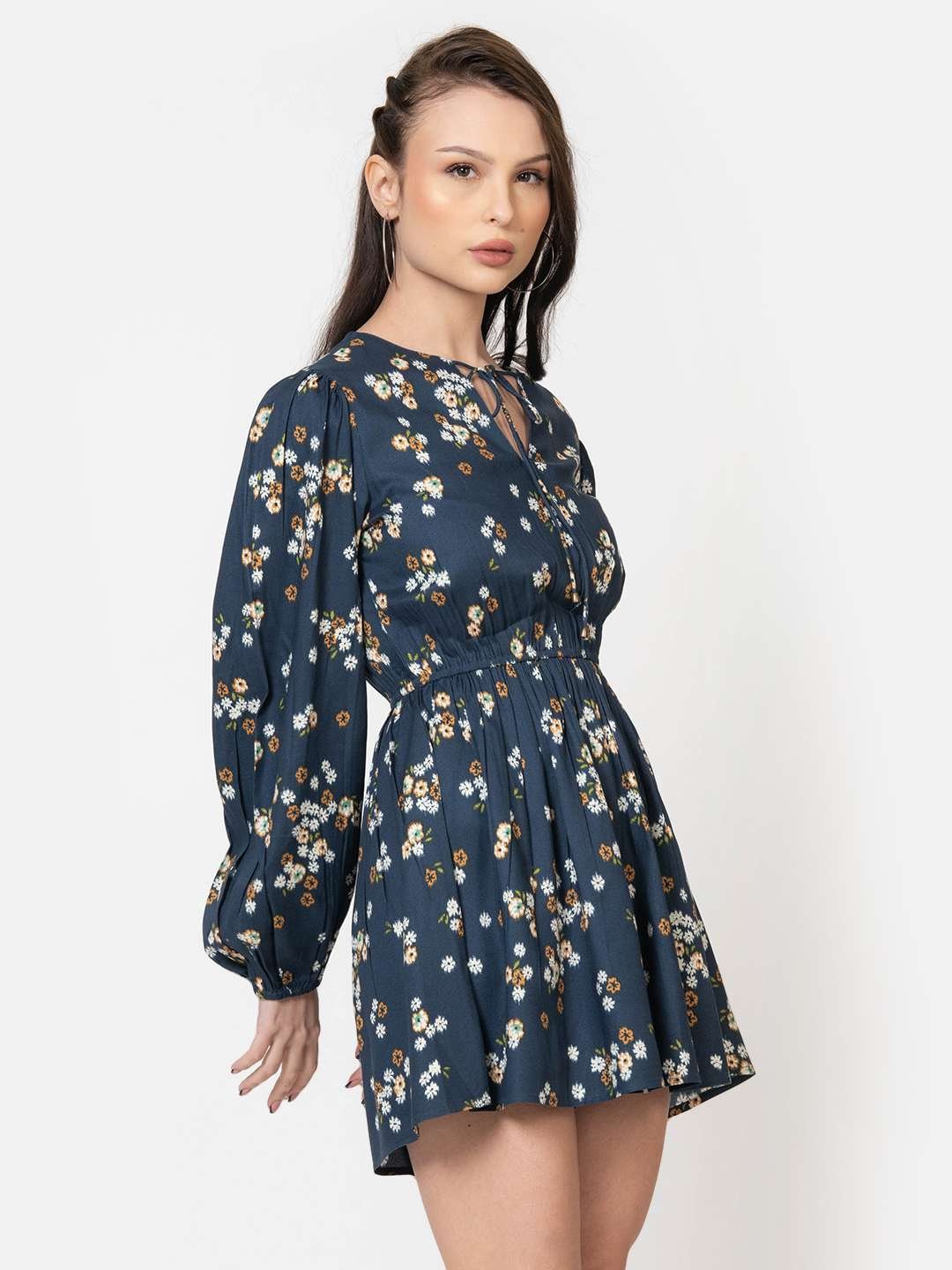 Prussian Blue Crepe Floral Print Playsuit Side2