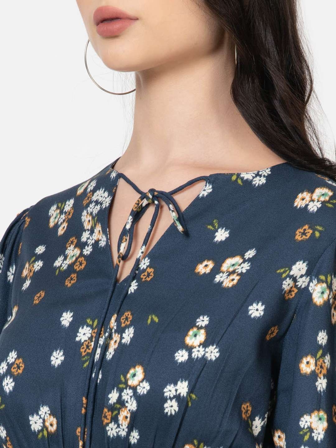 Prussian Blue Crepe Floral Print Playsuit Neck Detailing
