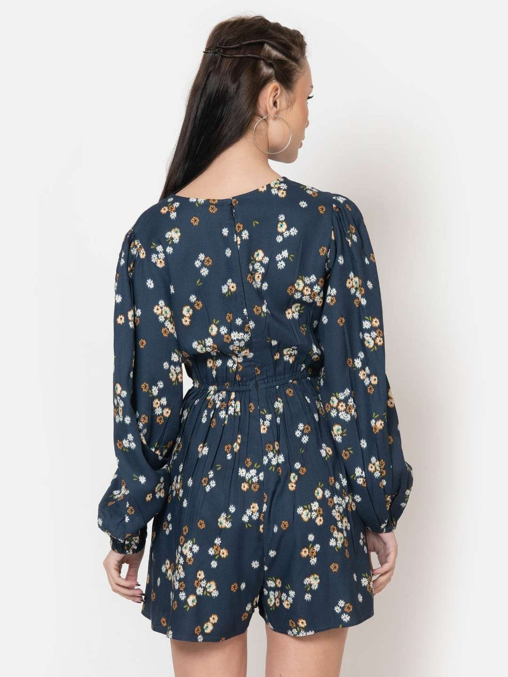 Prussian Blue Crepe Floral Print Playsuit Back