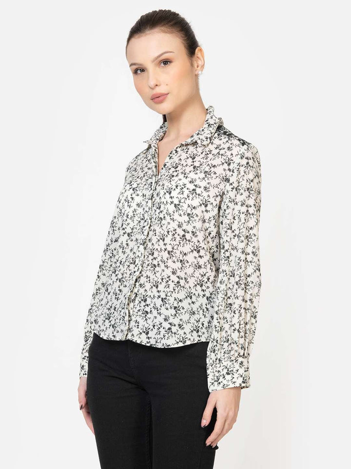 Monochrome Printed Concealed Placket Full Sleeves Button Down Georgette Shirt