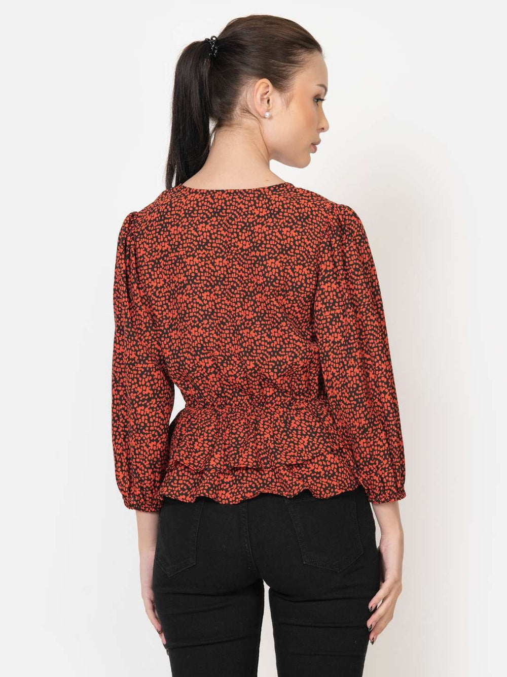 Rust Black Polka Dot Peplum Top Back