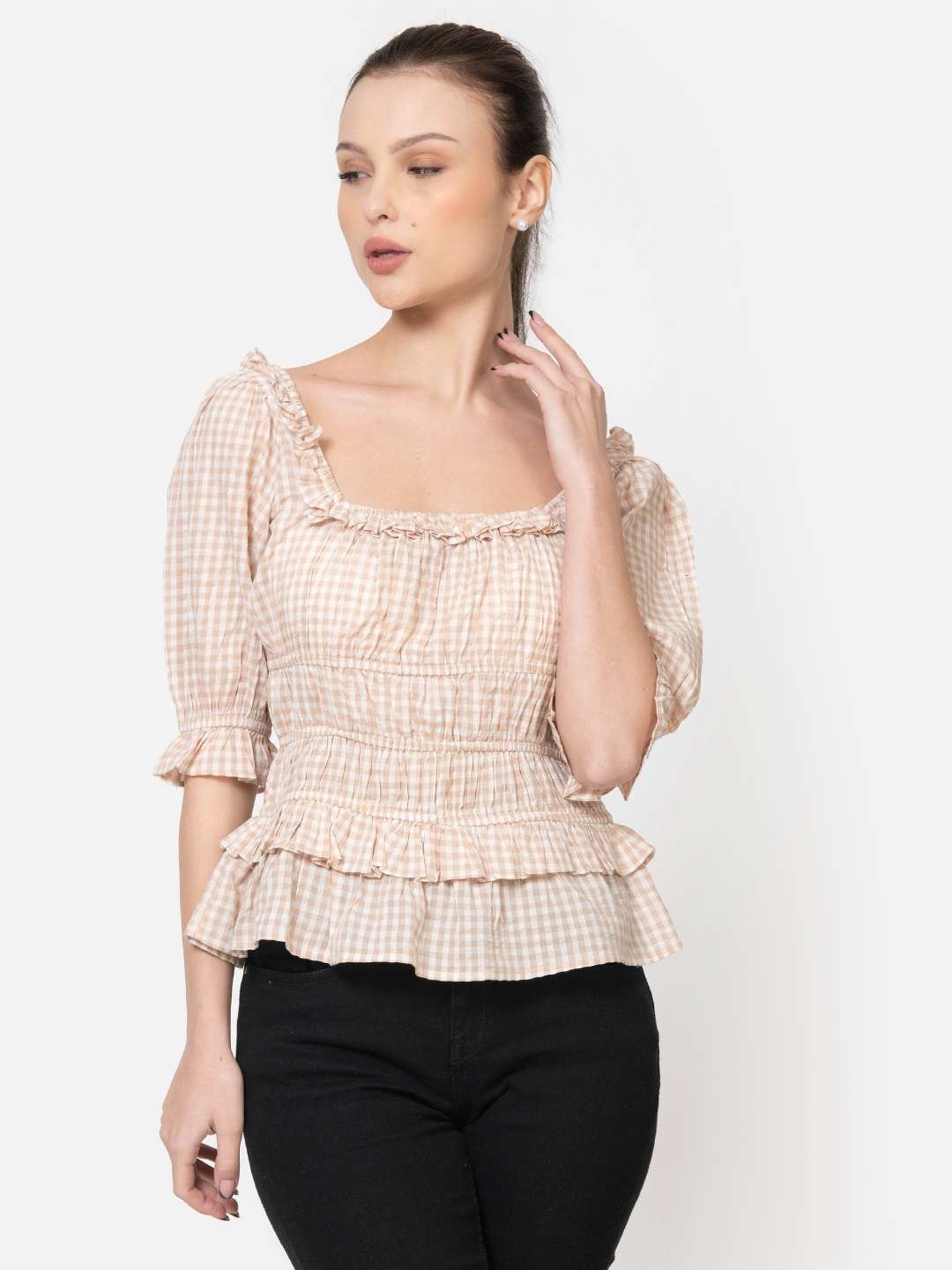 Beige White Square Ruffled Neck Elasticated Waist Three Quater Sleeve Cotton Seersucker Peplum Top