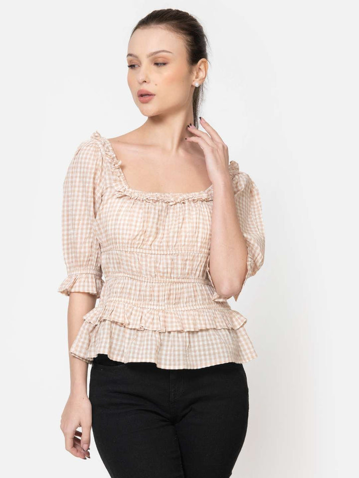 Beige White Square Ruffled Neck Elasticated Waist Three Quater Sleeve Cotton Seersucker Peplum Top