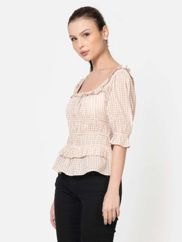 Beige White Square Ruffled Neck Elasticated Waist Three Quater Sleeve Cotton Seersucker Peplum Top