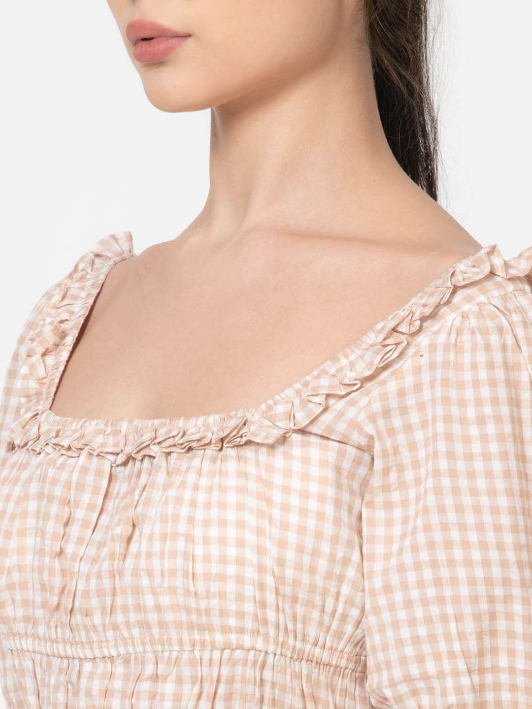 Beige White Square Ruffled Neck Elasticated Waist Three Quater Sleeve Cotton Seersucker Peplum Top
