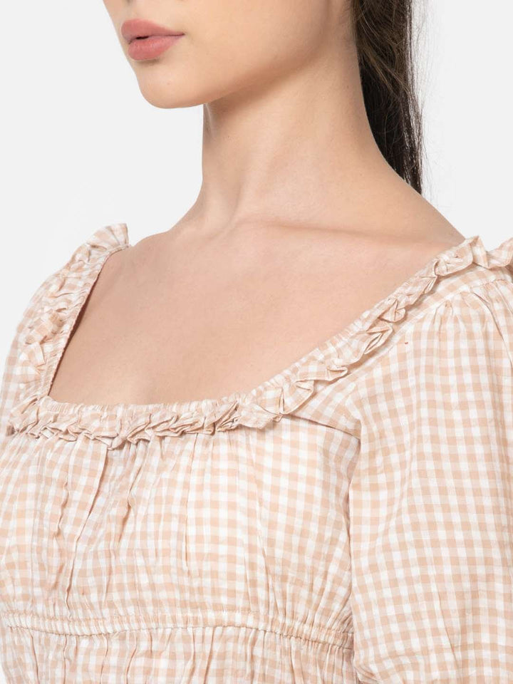 Beige White Square Ruffled Neck Elasticated Waist Three Quater Sleeve Cotton Seersucker Peplum Top