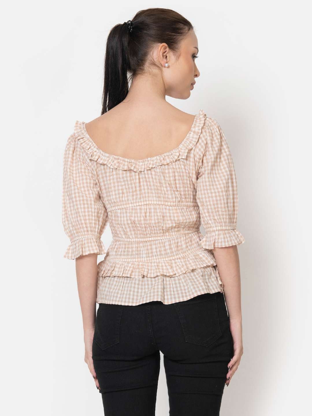 Beige White Square Ruffled Neck Elasticated Waist Three Quater Sleeve Cotton Seersucker Peplum Top