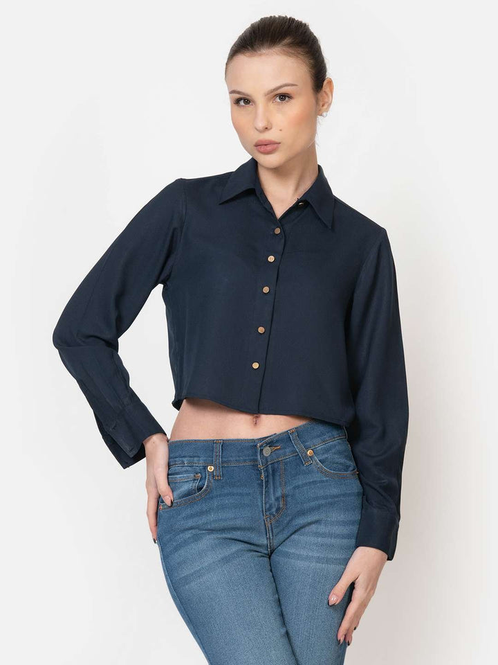 Navy Blue Poly Moss Full Sleeves Crop Shirt