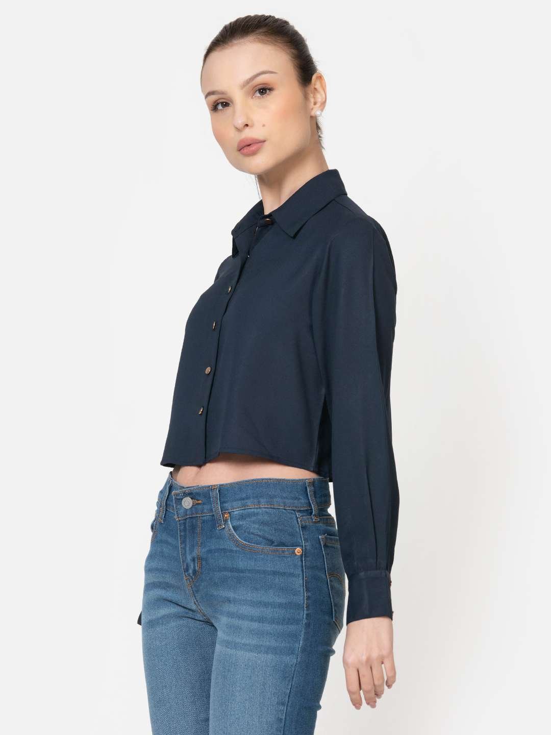Navy Blue Poly Moss Full Sleeves Crop Shirt