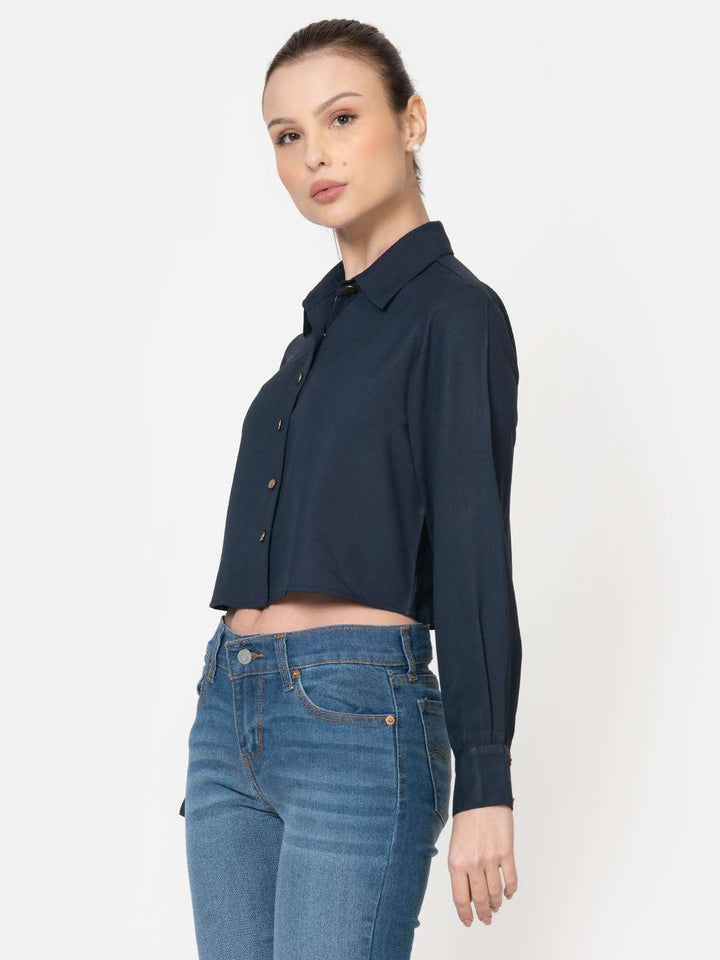 Navy Blue Poly Moss Full Sleeves Crop Shirt