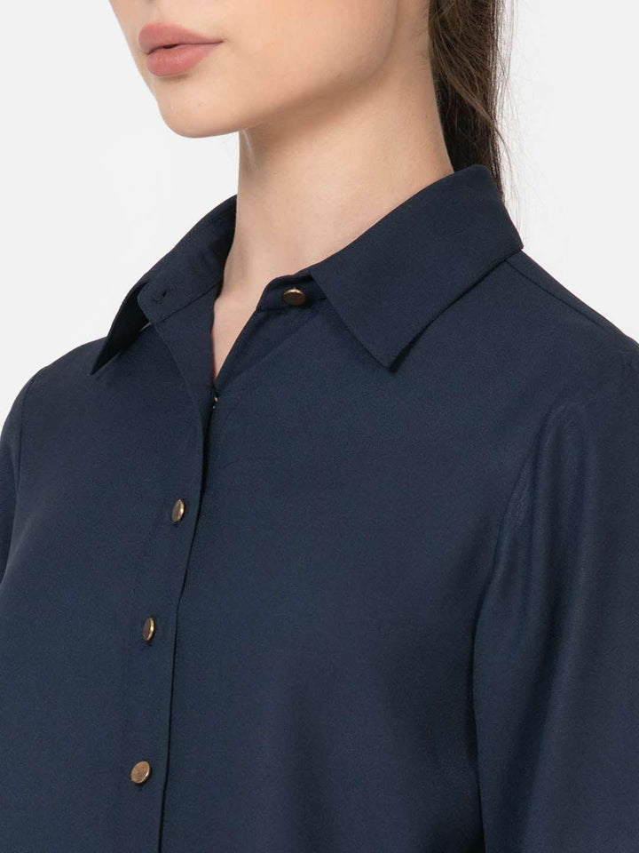 Navy Blue Poly Moss Full Sleeves Crop Shirt