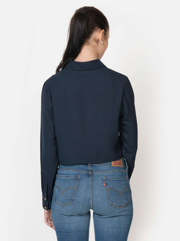 Navy Blue Poly Moss Full Sleeves Crop Shirt