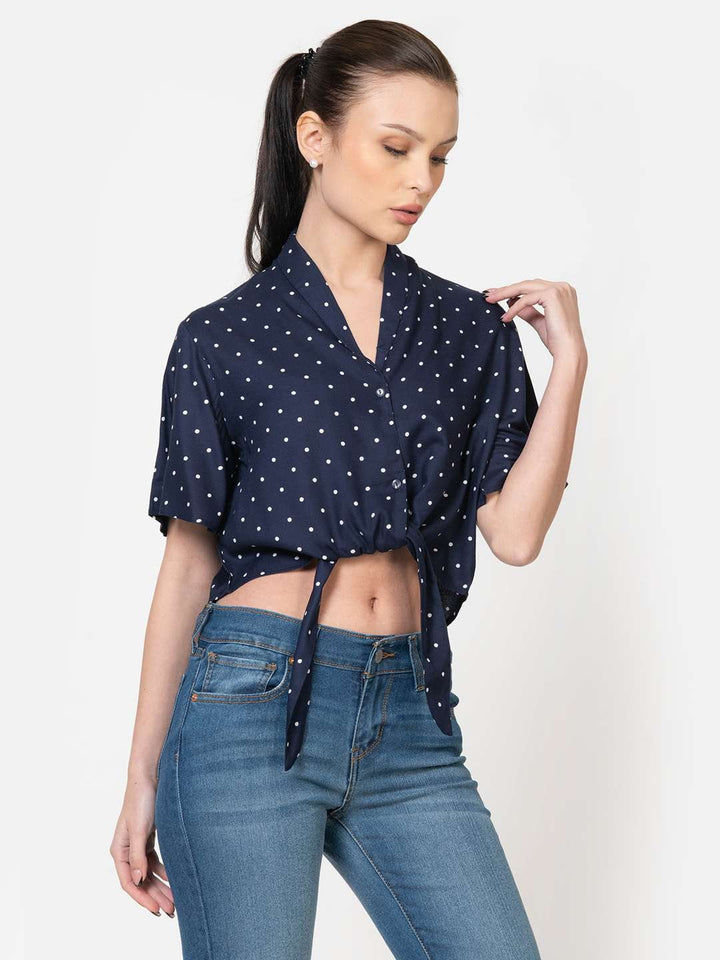 Ultramarine Rayon Polka Dot Tie Up Crop Shirt