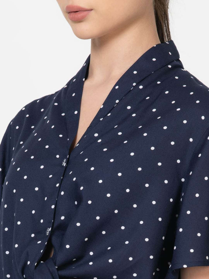 Ultramarine Rayon Polka Dot Tie Up Crop Shirt
