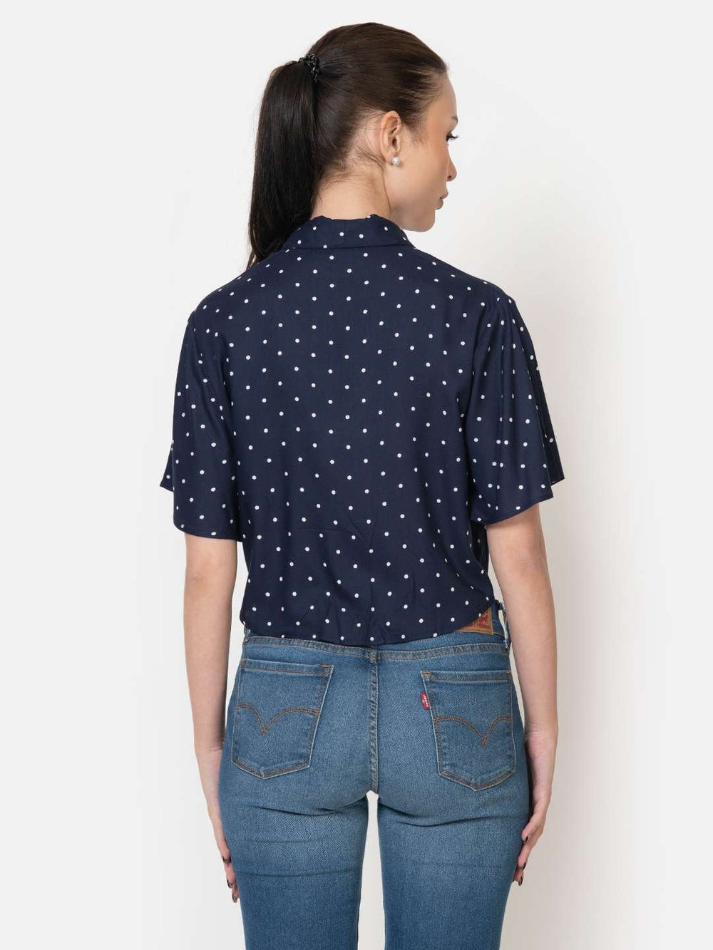 Ultramarine Rayon Polka Dot Tie Up Crop Shirt Back