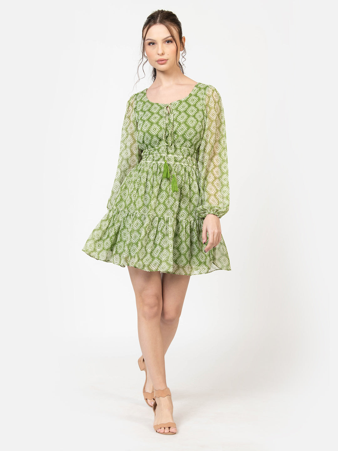 Green Cinched Waist Mini Dress Full Front