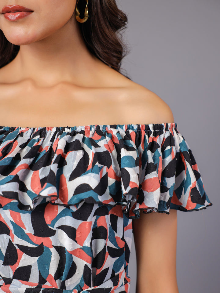 Multicolor Midi Dress for Women Neck Detailing