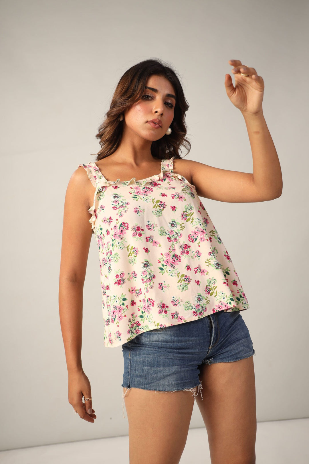 Multicolor Floral Ruffled Square Neck Sleeveless Top