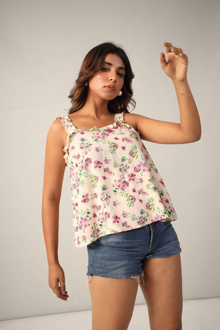 Multicolor Floral Ruffled Square Neck Sleeveless Top