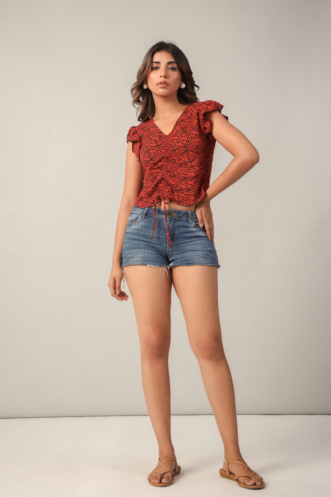 Rusty Red Rendezvous Ruffled Sleeves Top Full Front