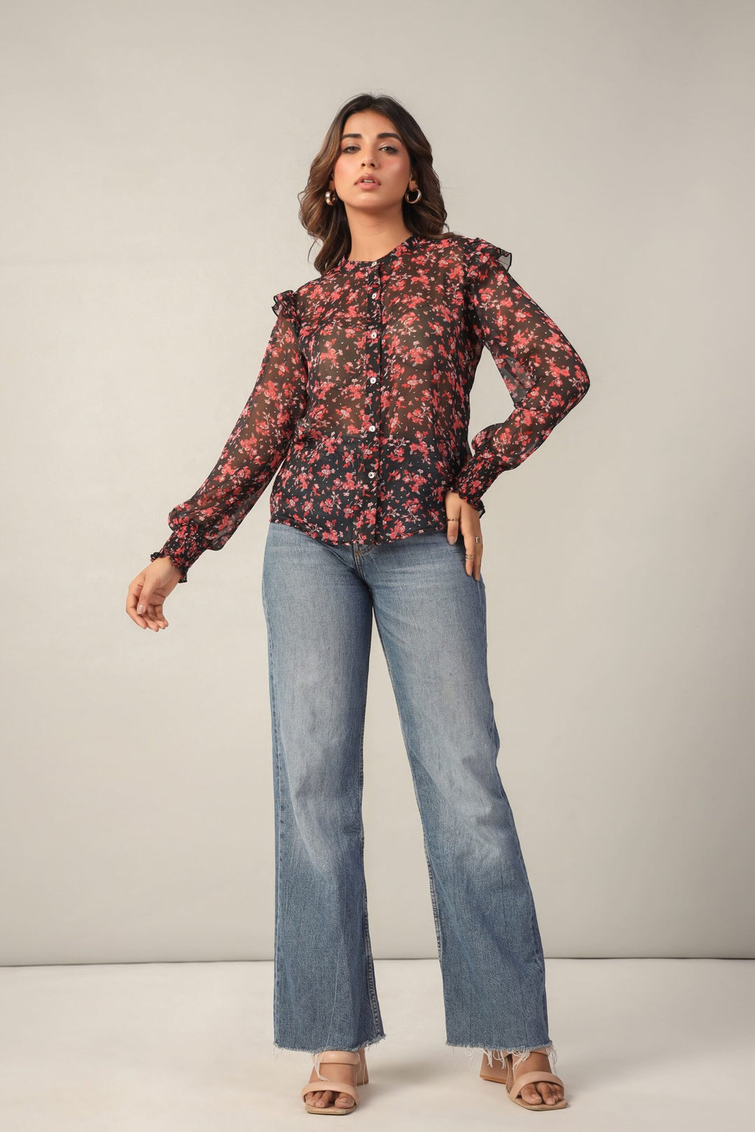 Floral Sheer Button Down Shirt Full Front