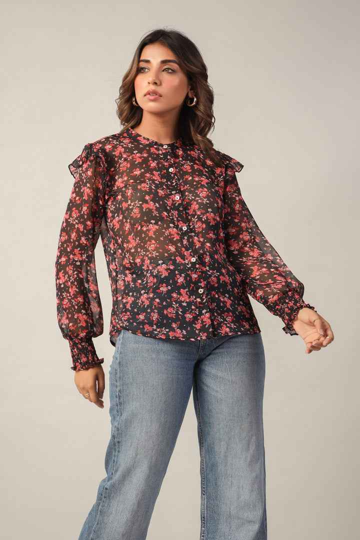 Red and Black Floral Sheer Full Sleeves Smocked Cuff Ruffled Shoulder Button Down Shirt