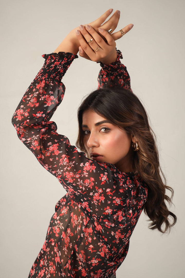 Red and Black Floral Sheer Full Sleeves Smocked Cuff Ruffled Shoulder Button Down Shirt
