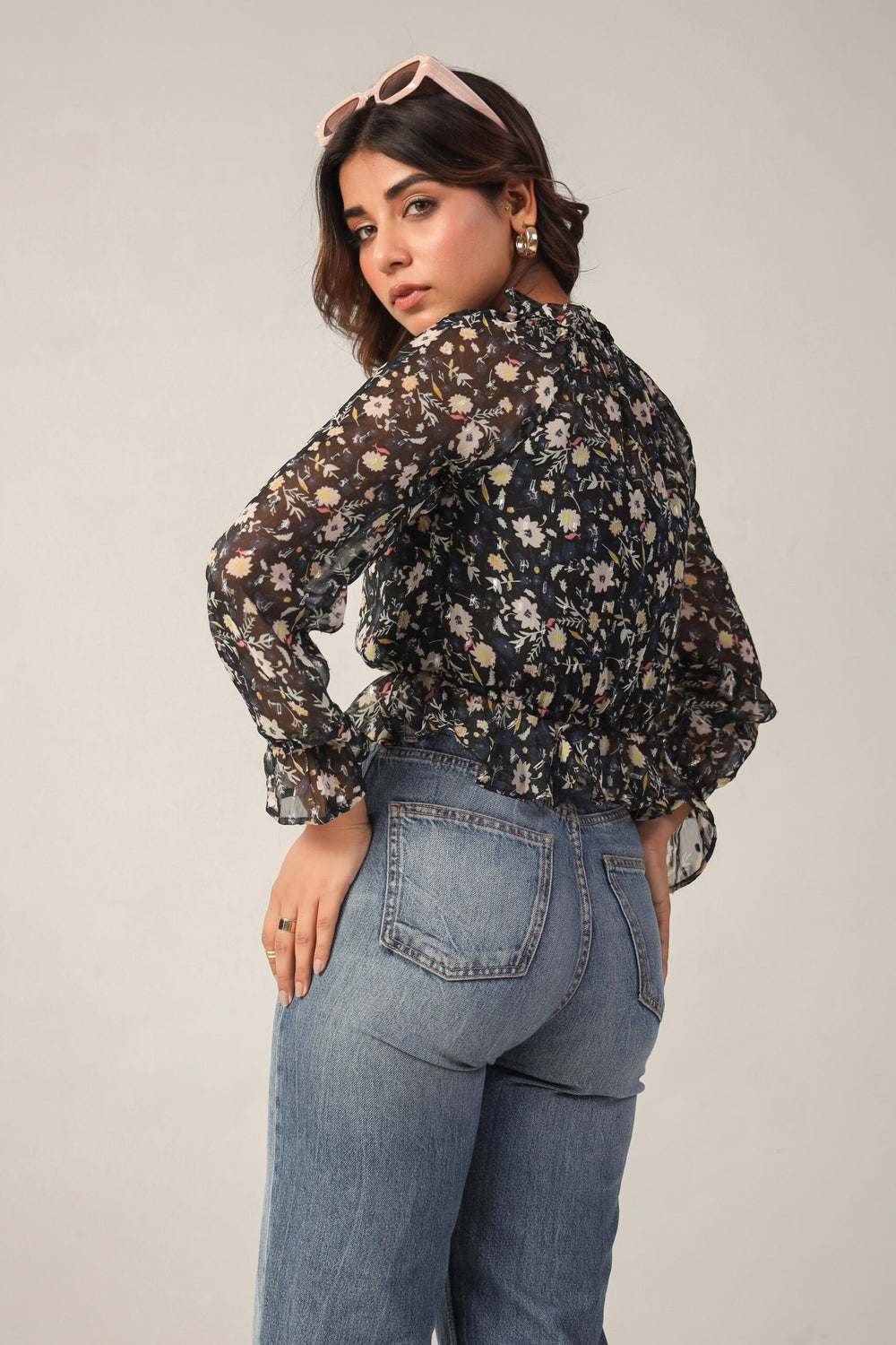 Floral Chiffon Lurex Crop Top Full Back