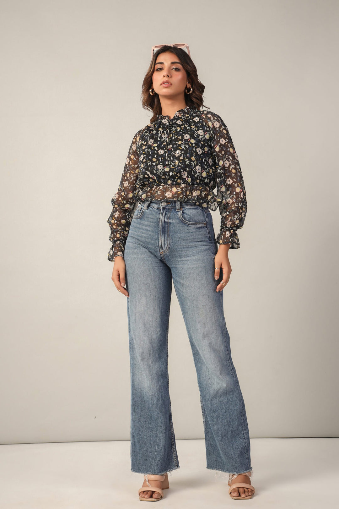 Floral Chiffon Lurex Crop Top Full Front