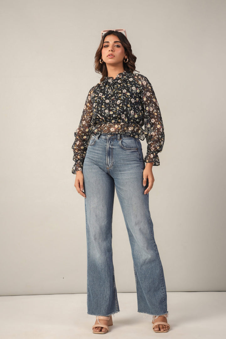 Black Floral Chiffon Lurex Full Sleeves Crop Top