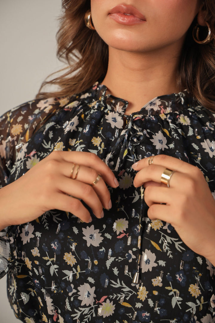 Black Floral Chiffon Lurex Full Sleeves Crop Top