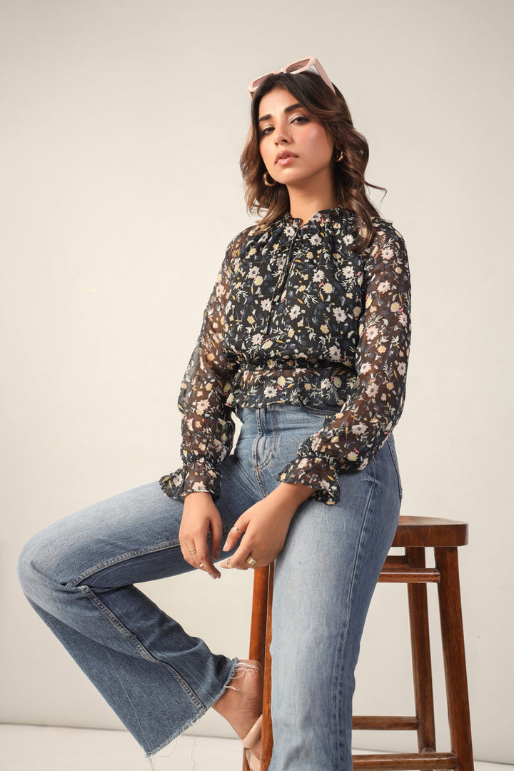 Black Floral Chiffon Lurex Full Sleeves Crop Top