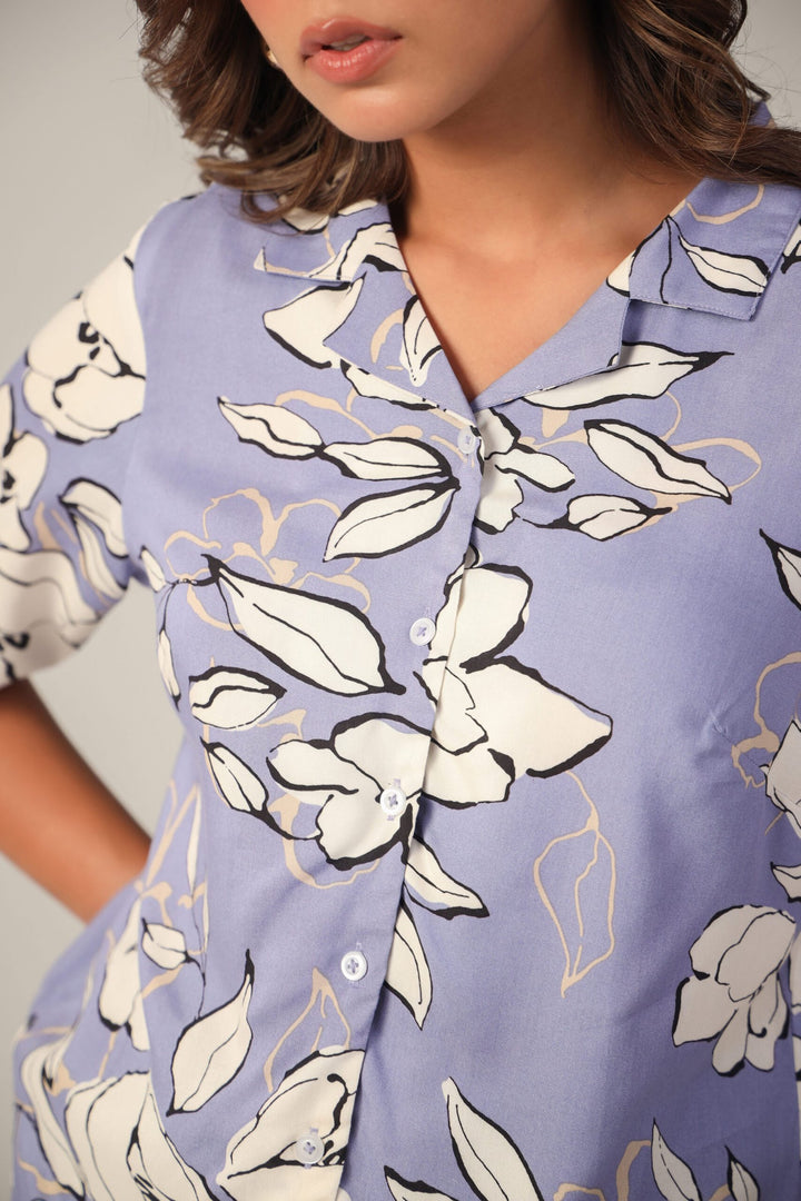 Lavender Floral Short Sleeves Shirt Collar Detailing