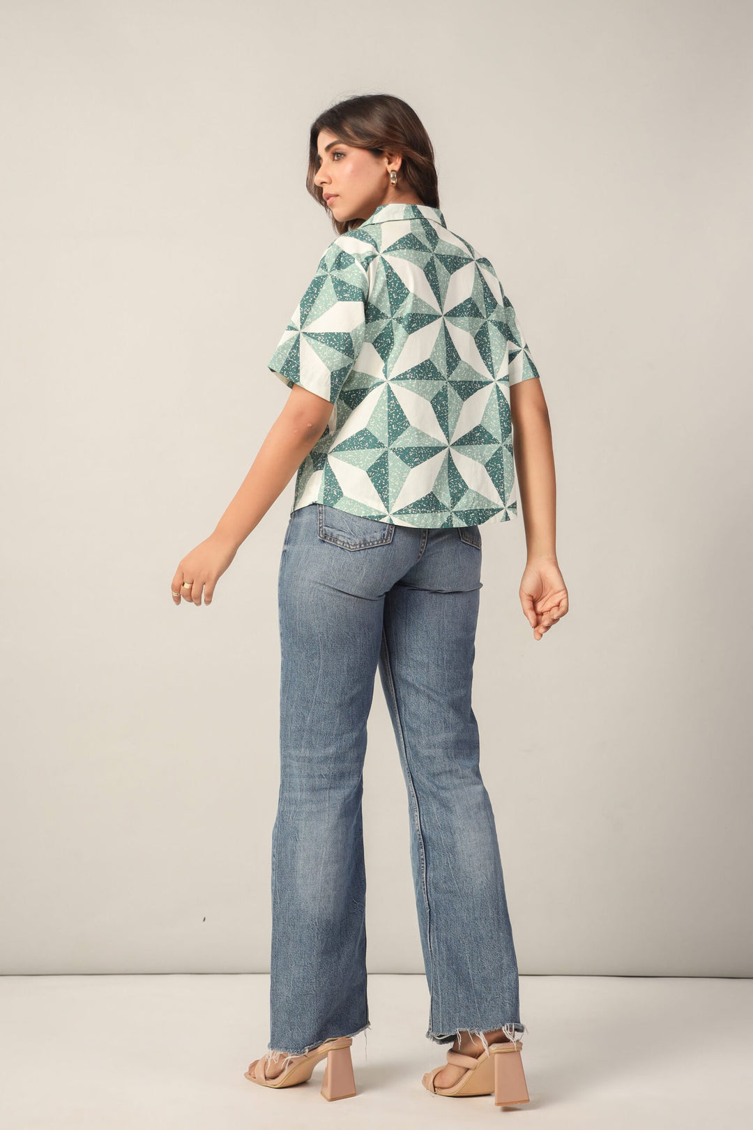 Green and White Geometric Print Cotton Poplin Boxy Shirt