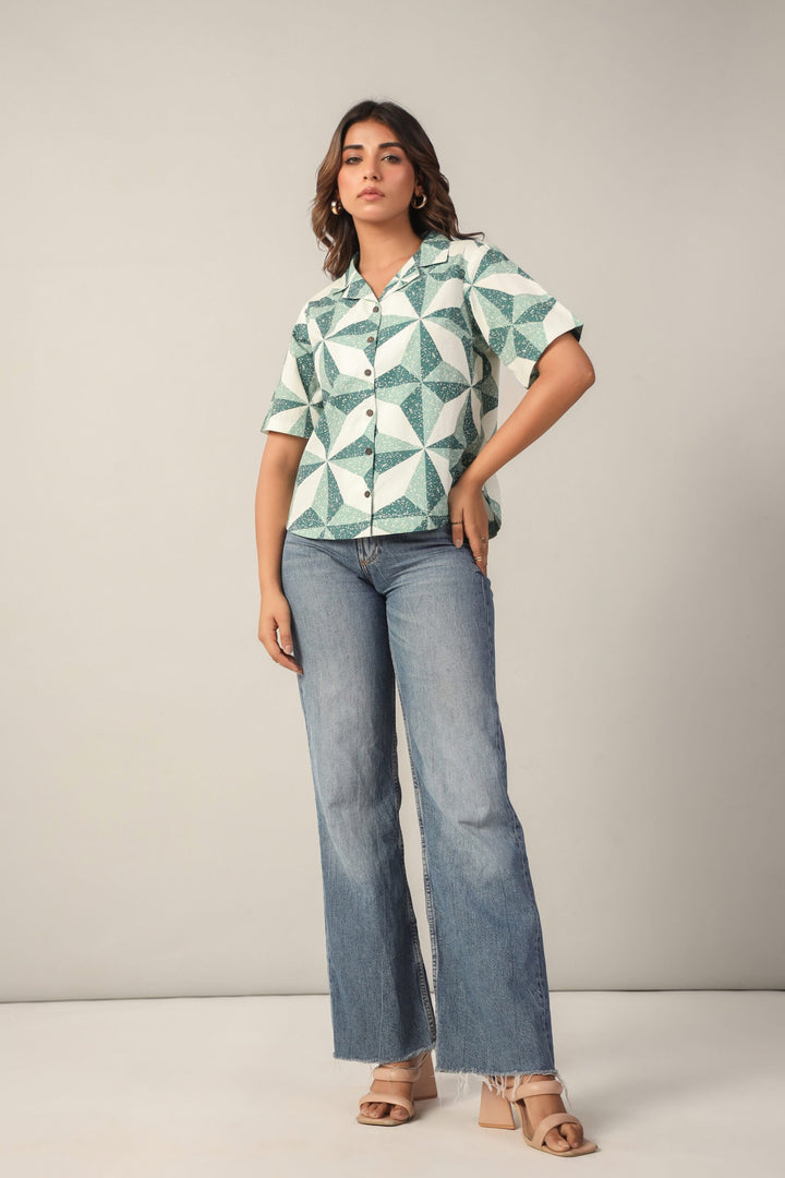 Green and White Geometric Print Cotton Poplin Boxy Shirt
