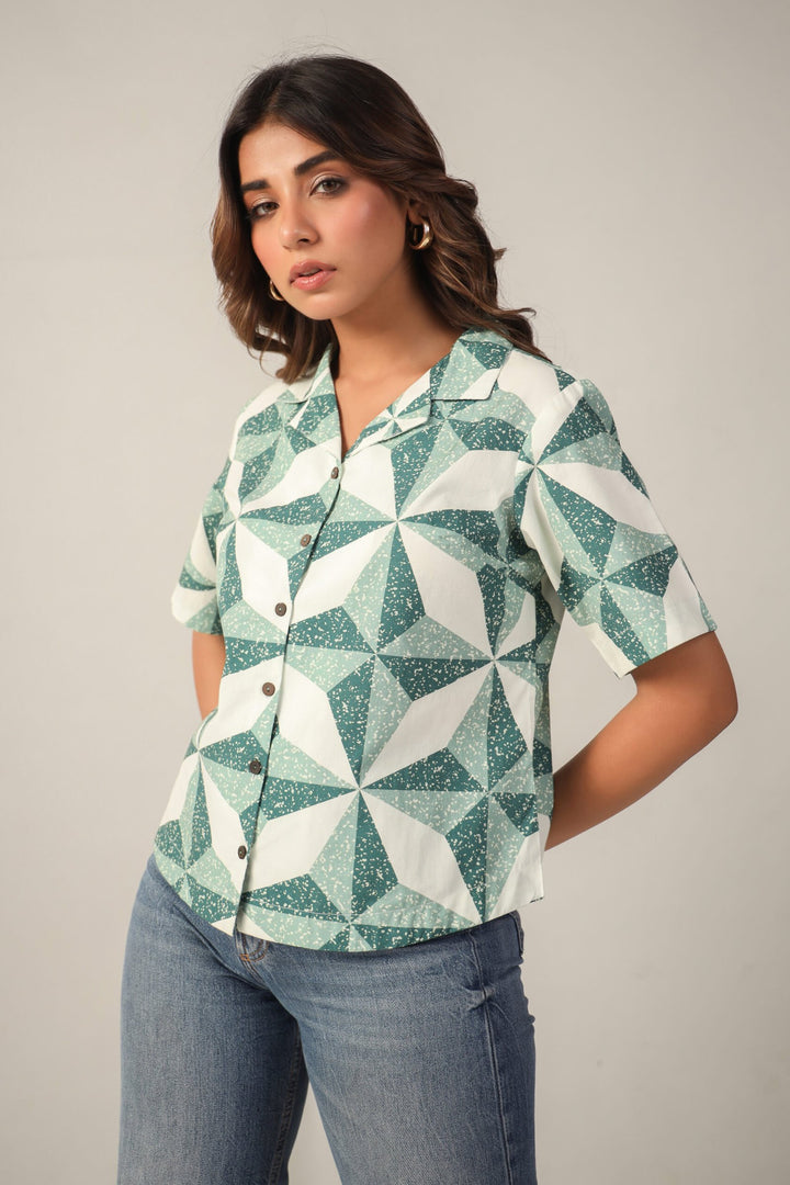 Green and White Geometric Print Cotton Poplin Boxy Shirt