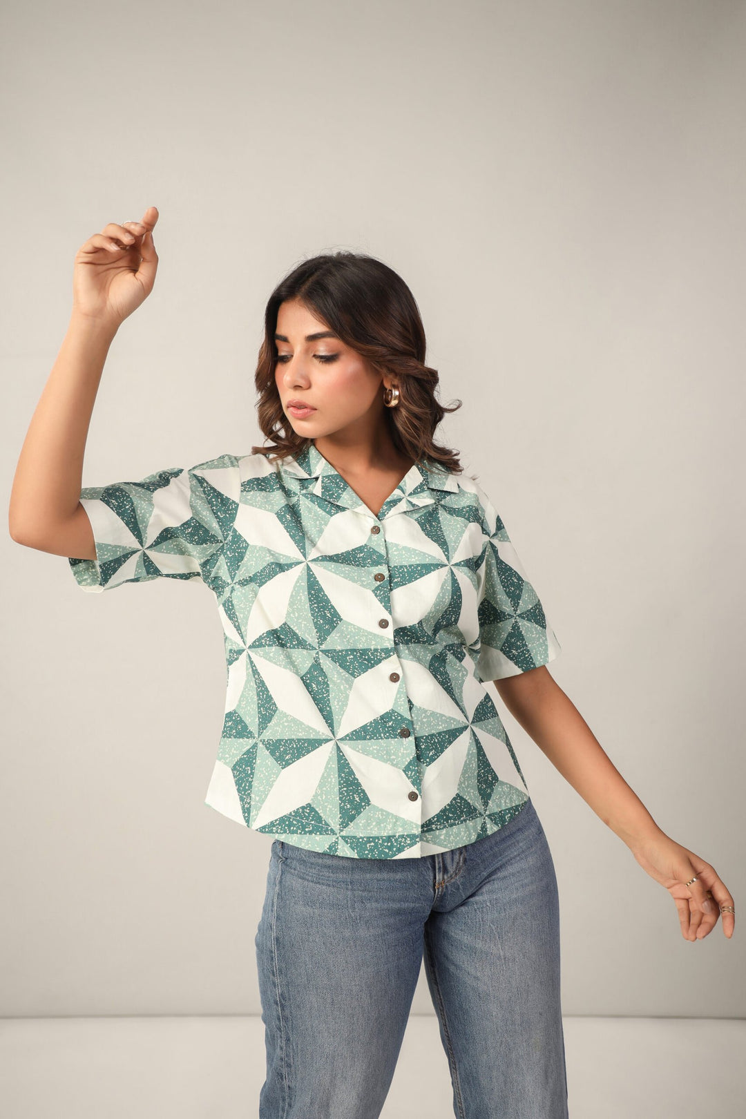 Green and White Geometric Print Cotton Poplin Boxy Shirt
