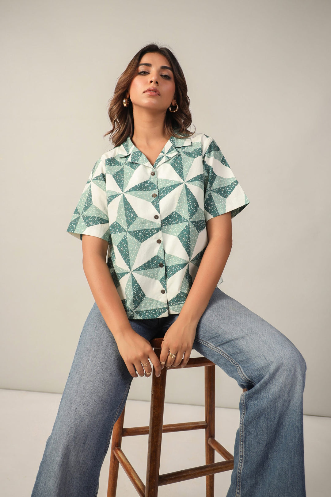 Green and White Geometric Print Cotton Poplin Boxy Shirt