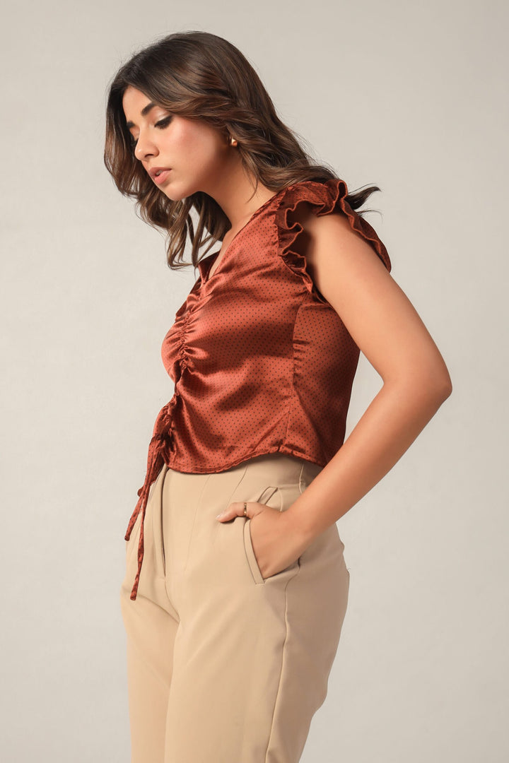 Brown Polka Dot Centre Ruched Flutter Sleeve Crop Top