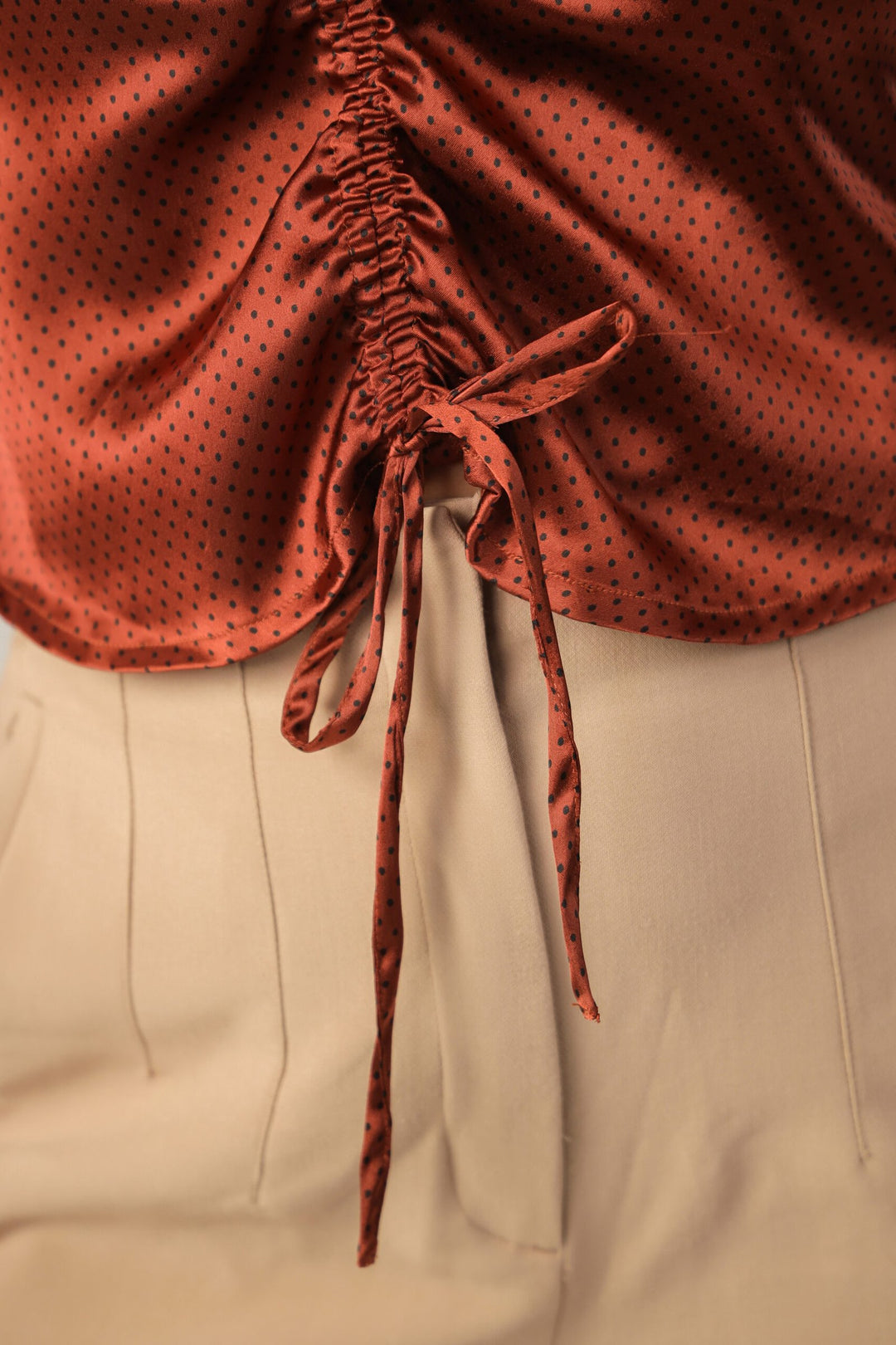 Brown Polka Dot Centre Ruched Flutter Sleeve Crop Top
