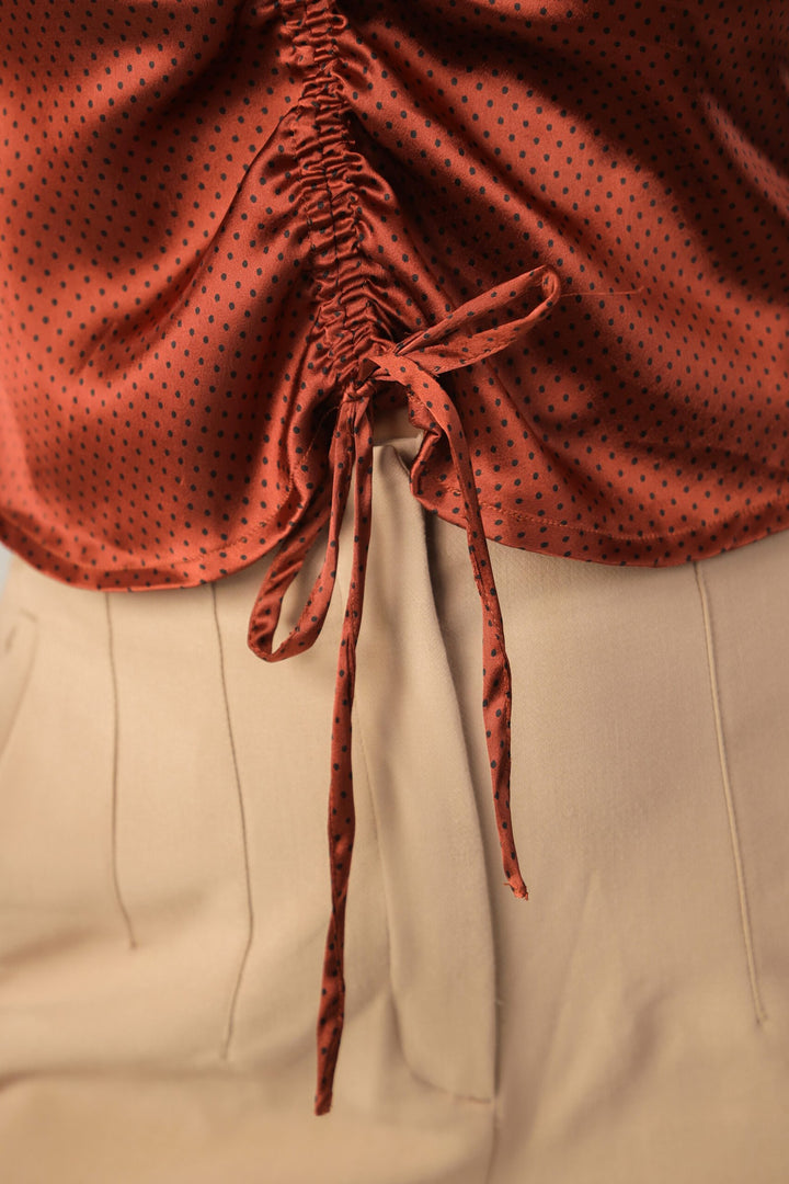 Brown Polka Dot Centre Ruched Flutter Sleeve Crop Top