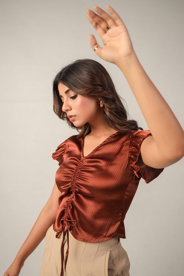 Brown Polka Dot Centre Ruched Flutter Sleeve Crop Top