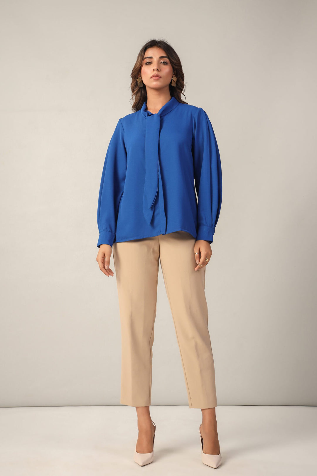 Cool Blue Tie-Up Neckline Shirt Front