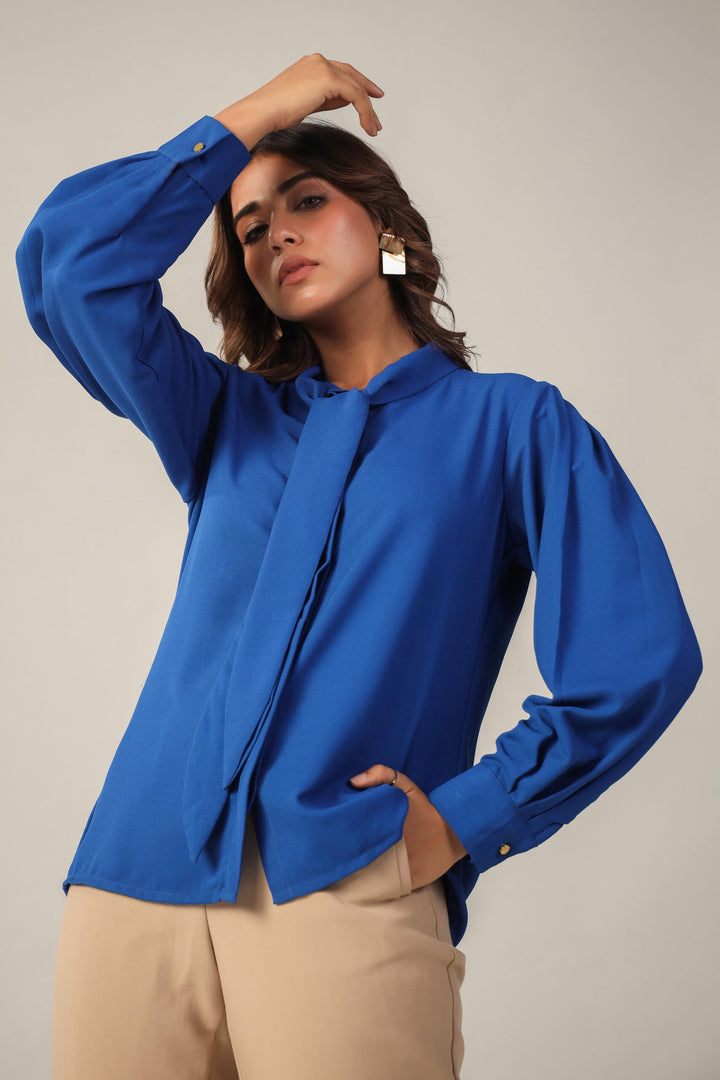 Cool Blue Tie-Up Neckline Shirt Side
