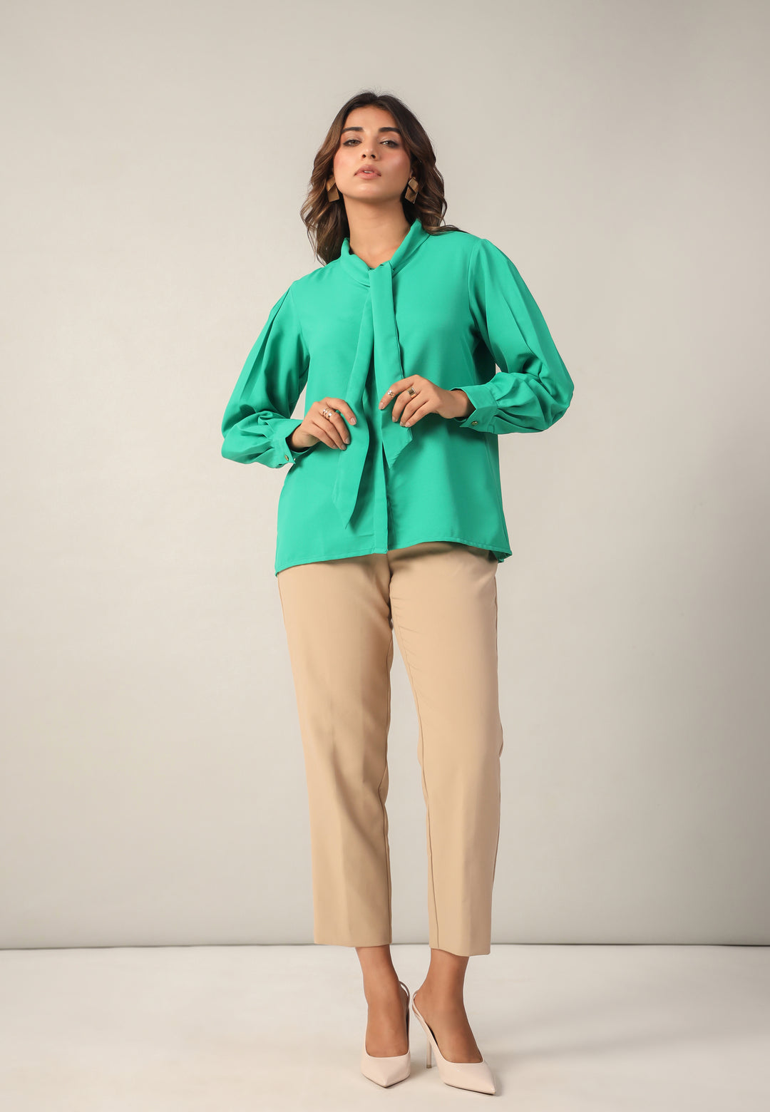 Cool Green Tie-Up Neckline Shirt Full Front