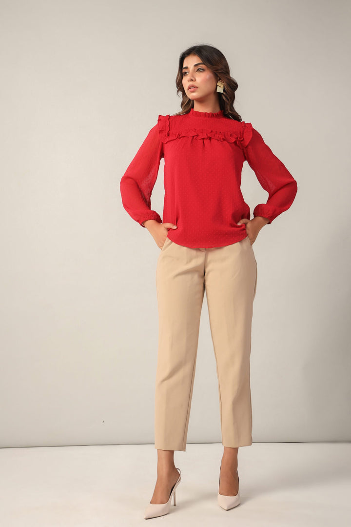 Red Ruffle Round Neck Full SLeeves Chiffon Top